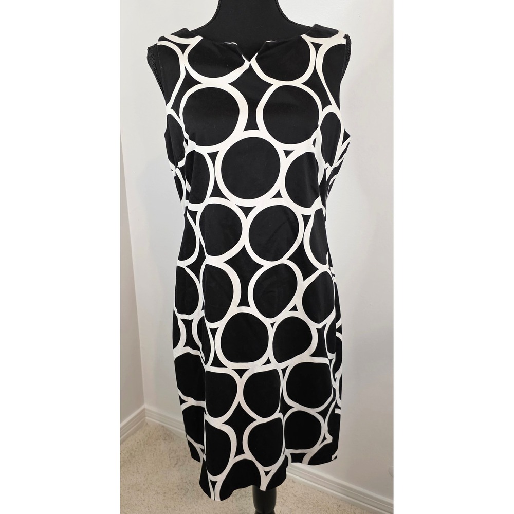 London Times Black White Geometric Circle Print Sleeveless Sheath Dress Size 10